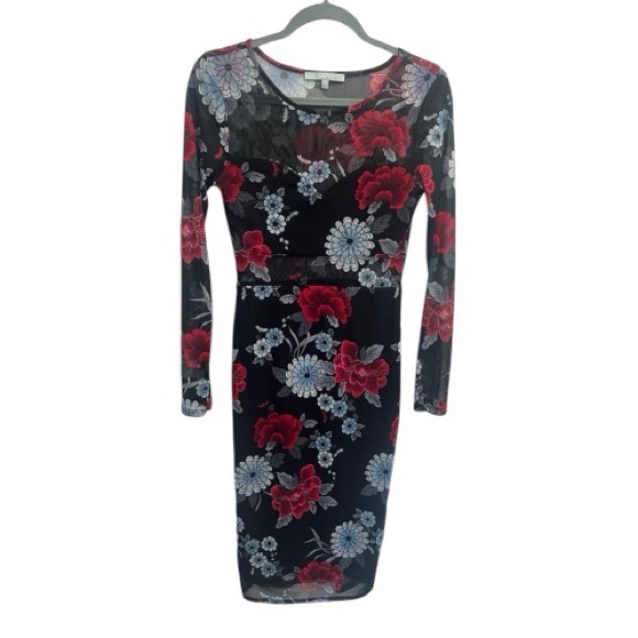 Sweet Rain Floral Long Sleeve Sheer Panel Bodycon Dress Small Party Night Out - Picture 1 of 9